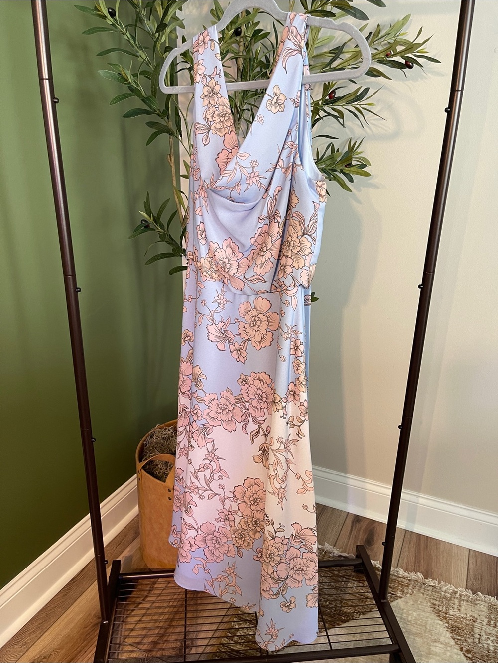 Vince Camuto Light Blue and Pink Floral Cowl Midi Dress